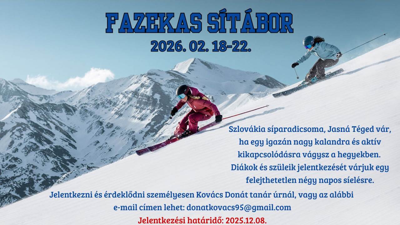 Két síelő suhan le egy havas hegyoldalon a Fazekas sítábor 2026-os felhívását bemutató hirdetés hátterében.